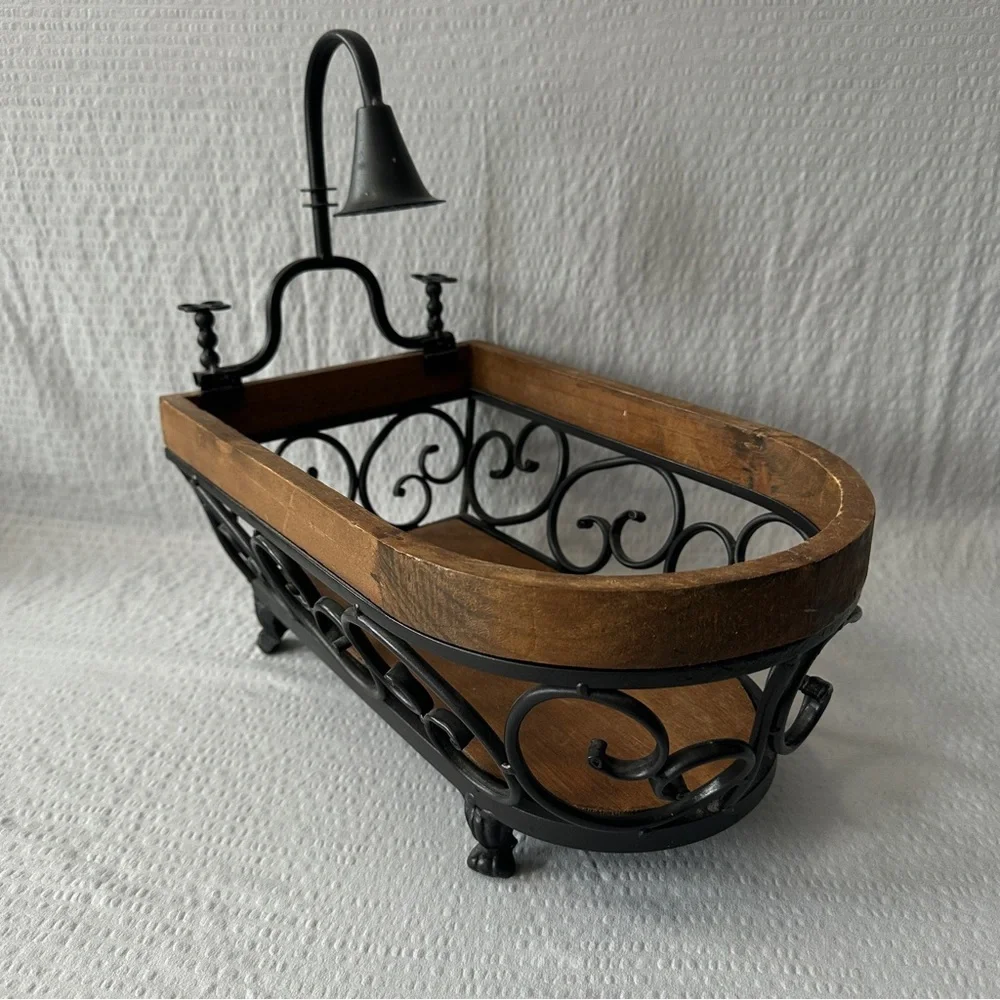 Vintage Wrought Iron & Wood Bathtub Planter Holder Caddy Rustic Farmhouse Decor